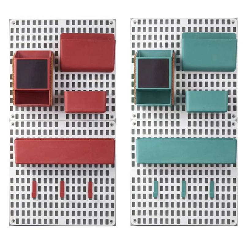 

2 Set Wall Mount Pegboard Combination Home Kitchen Storage Shelving Organizer No Punching Peg Board Rack, Red & Green