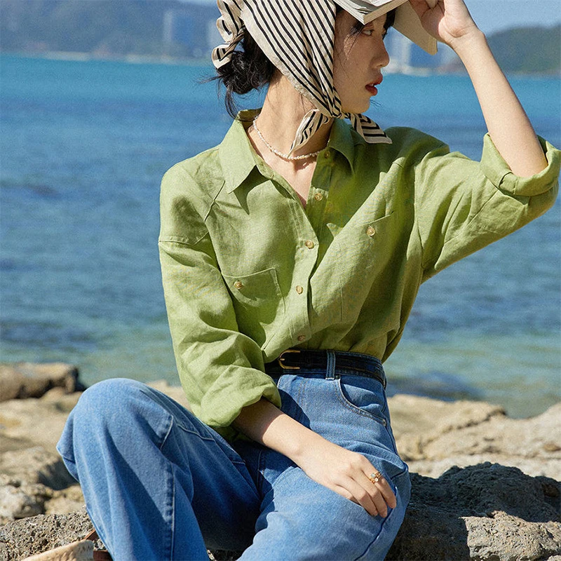 

2022 Spring Arts Style Women Long Sleeve Turn-down Collar Loose Shirts Double Pocket Solid Cotton Linen Blouse Female Tops V951