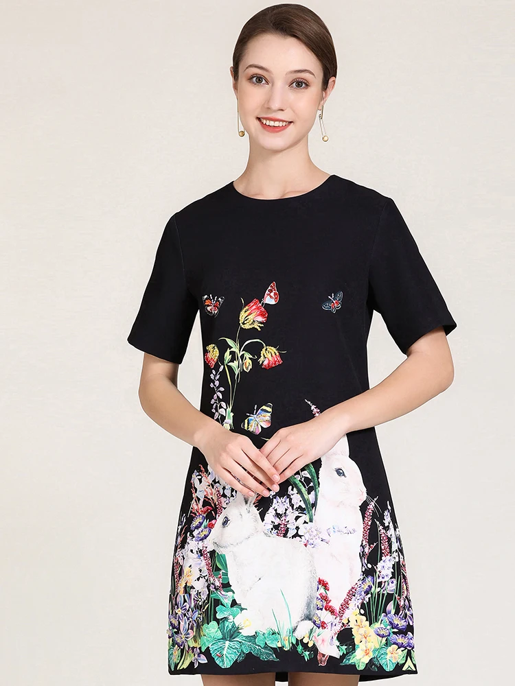 

MoaaYina модное подиумное платье Летнее женское платье с коротким рукавом с животным принтом, черные платья с бисером