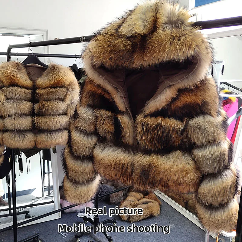 FURTJY Luxury Real Women Silver Gold Fox Fur Coats With Fur Hood Jacket Fashion Female Winter Thick Warm Genuine Fur Outerwear enlarge