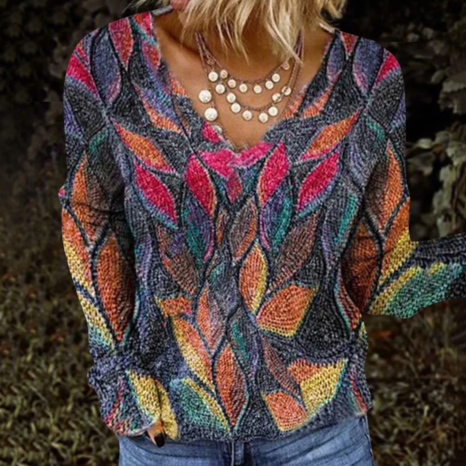 

Long V-neck Sleeve Women's Printed Fashion Thin Loose Knitted Top Casual Women's Blouse Long Jean Shirt Ladies Print Blouses