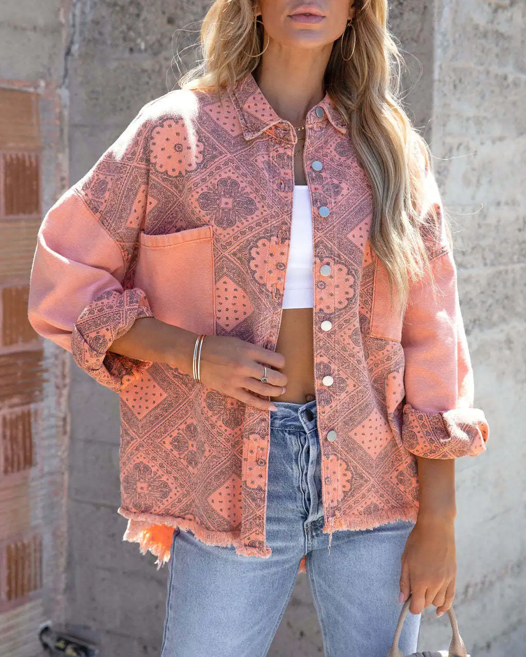 

Printed Long Sleeve Denim Jacket Coat Lady Fashion Casual Printed Loose Raw Edge Denim Coat Pocket Lapel Patchwork Denim Jacket