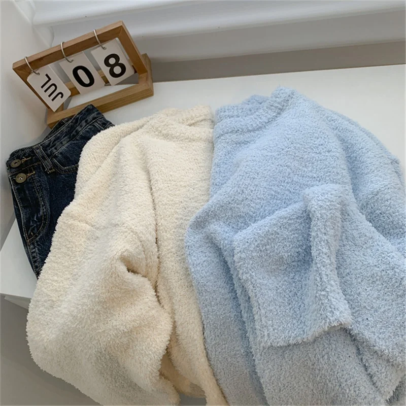 Пуловер из искусственной норки бархатный круглый вырез свитер с длинными