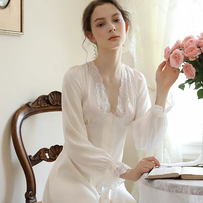 New Spring Summer French Sexy Pajamas Women Ice Thin Goddess V-neck Long-sleeved Cardigan Nightdress Long Home Clothes Sleep Top