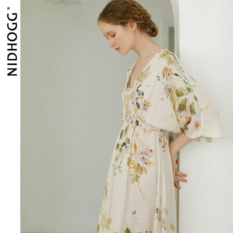 2022 Summer Lady Nightgown V-neck Elegant Rose Printed Satin Women Sexy Sleepwear Night Dresses for Party Nighty Sleep Dress
