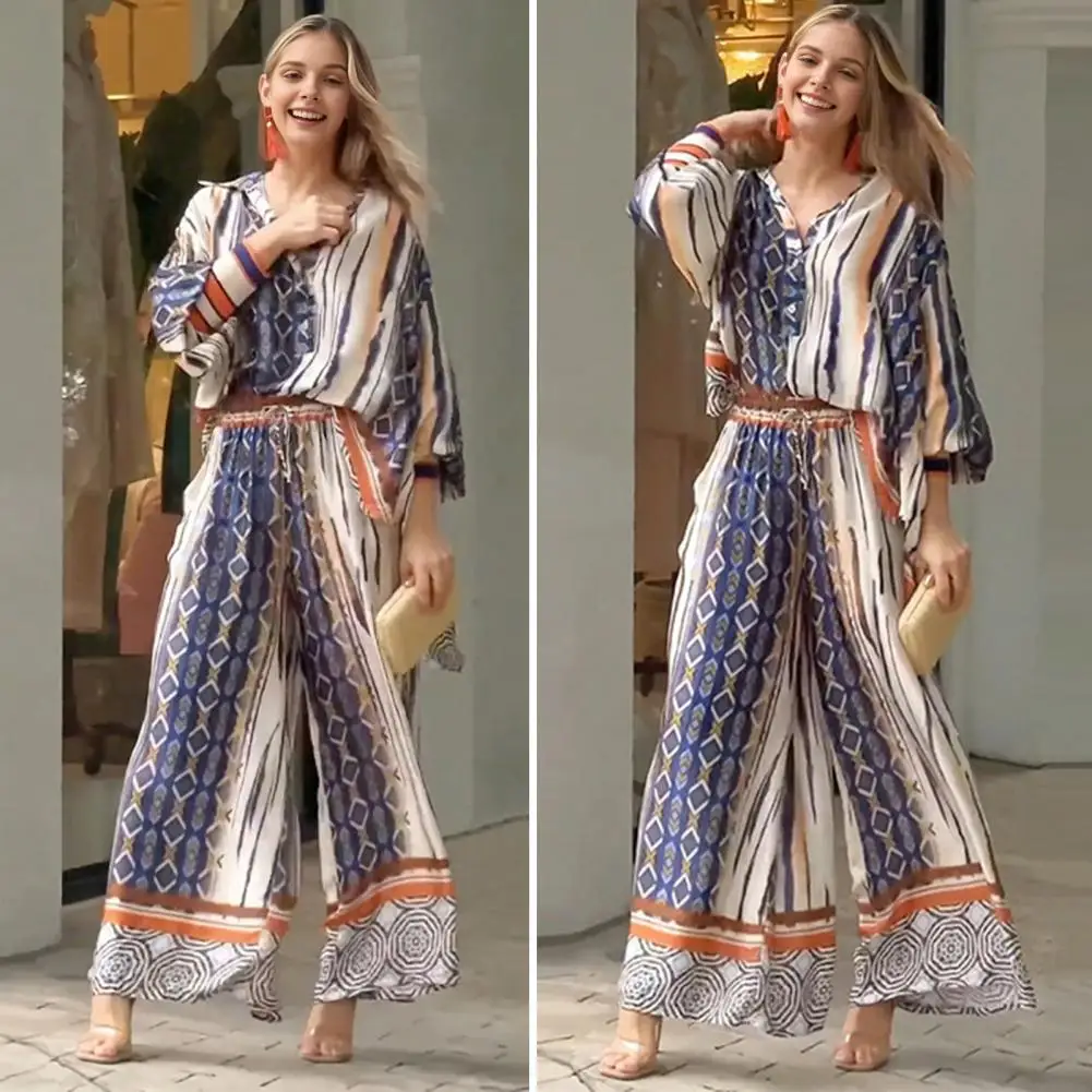 Женский свободный комплект в богемном стиле пляжный с рубашкой длинным рукавом и