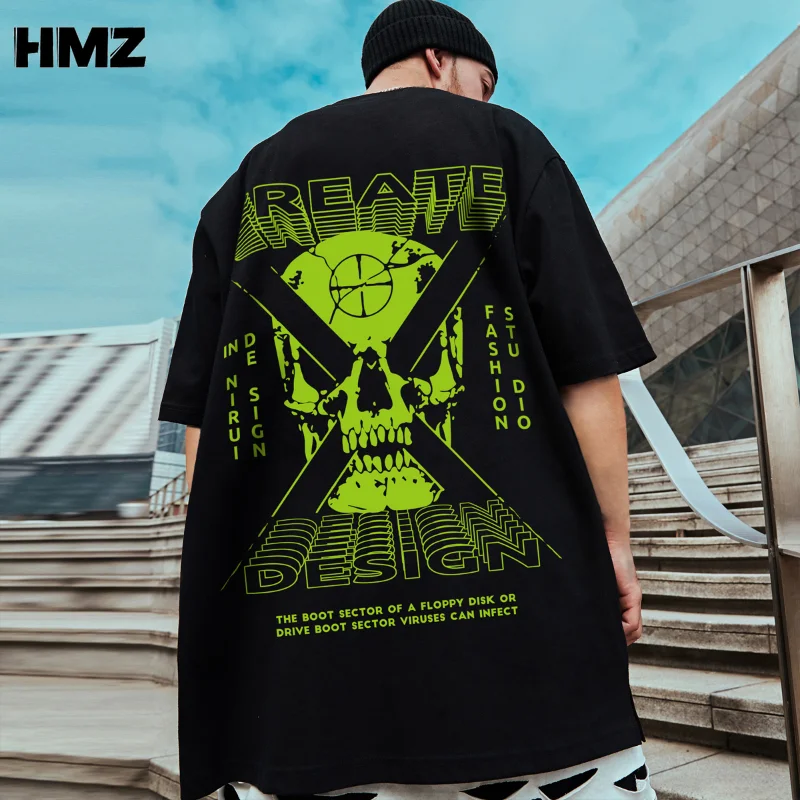 

HMZ 2022 T-shirt Loose and Comfortable High Street Tee Punk Style Harajuku Streetwear Hip Hop X Green Skull Printed T-shirt Men