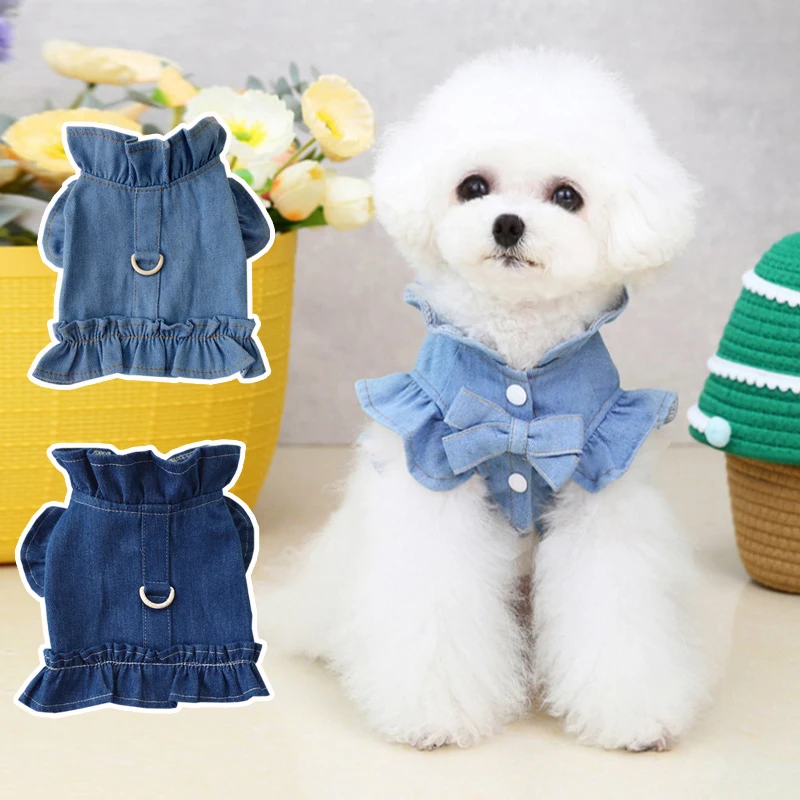 

Jeans Jacket Pet Puppy Clothes Dog Vest Dog Apparel Pet Harness Leash Hook Classic Ruffles Dog Chest and Back Blue Denim