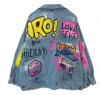 womens spring and autumn new dark blue denim jacket personality street hand painted graffiti stitching casual jacket