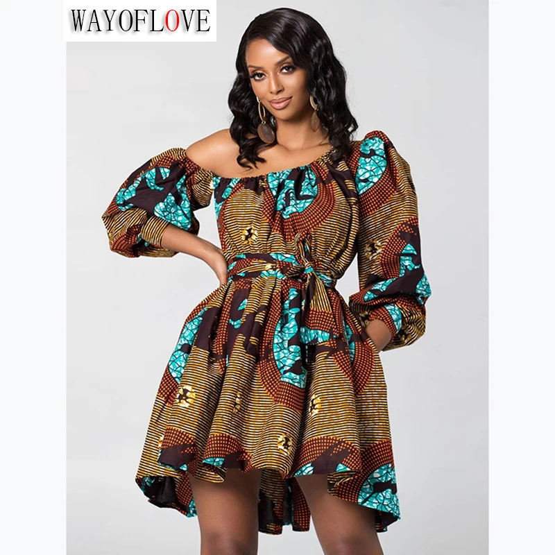 

WAYOFLOVE Summer Woman Sexy Inclined Shoulder Mini Dress Party Casual Slashs Slim Long Sleeve Vestidos Print Vintage Dresses Top