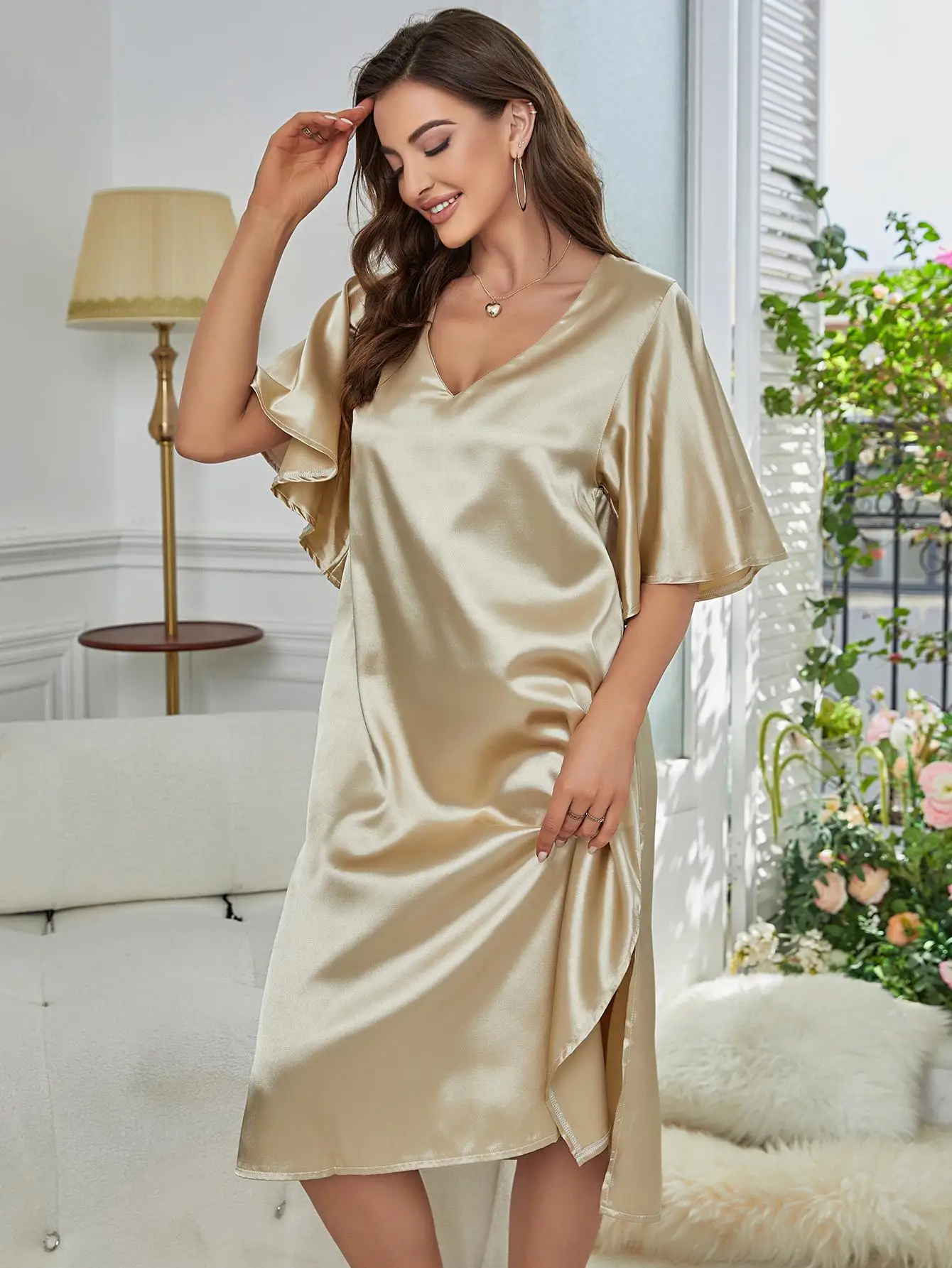 Silk Satin Sleepwear Loose Casual Sexy Home Wear Night Dress Side Split Summer Nightwear Ruffle Sleeve Women's Pajamas Underwear