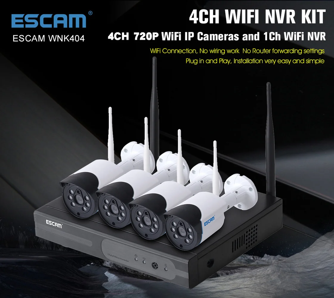 

ESCAM WNK404 4CH 1080P Outdoor IR Video Wireless Security IP Camera CCTV NVR System Kit