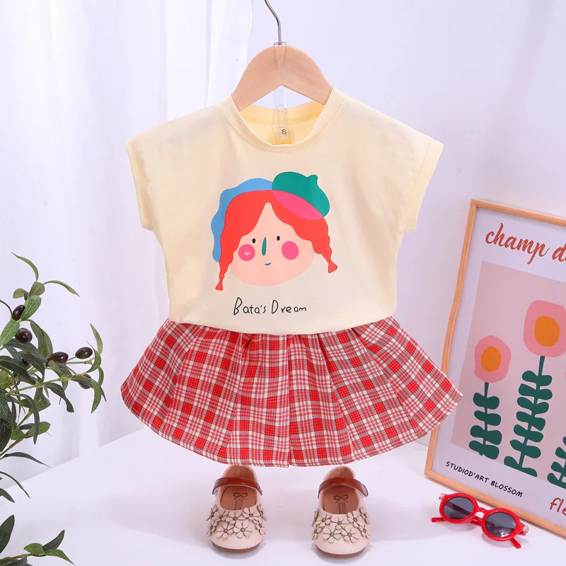 

2022 Sweet Children Skirt Suits Summer Infant Clothes Fashion Toddler Baby Girls Clothing Bow Tie T-shirt+ Plaid Pleated Skirt