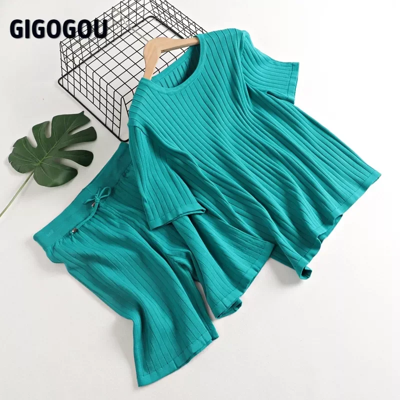 

GIGOGOU Spring Summer Ribbed Women T-Shirt tracksuit Fashion Casual OverSized T Shirt Suit two piece Short Sets