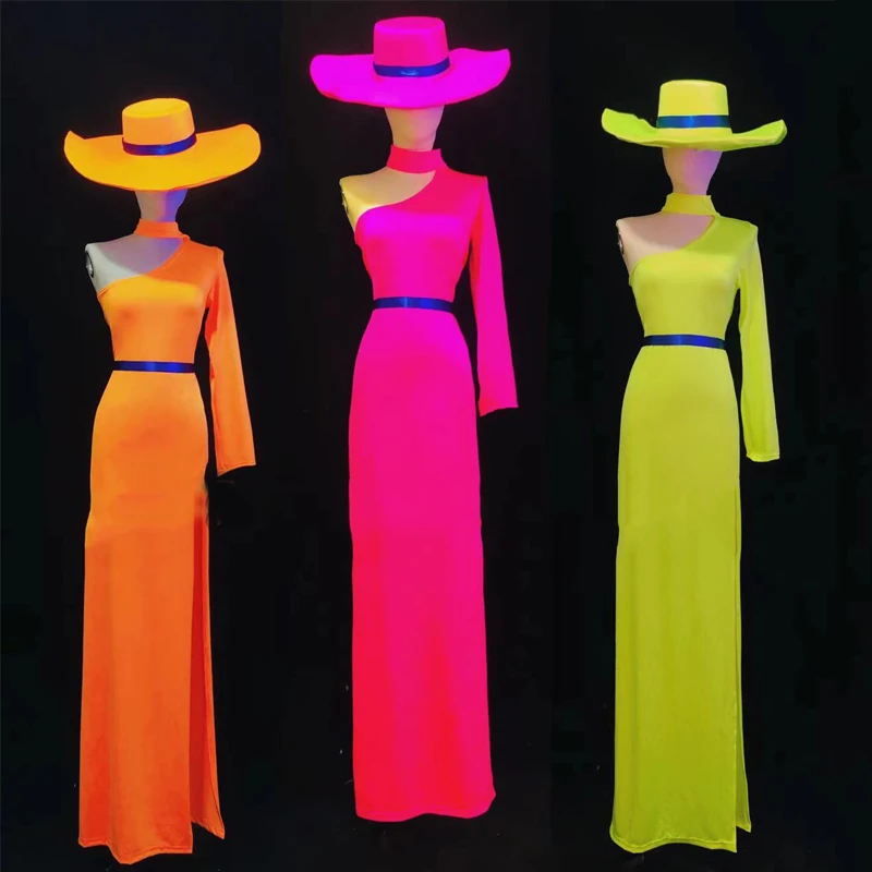 

Fluorescent Color Stage Show Gogo Costumes Sexy Single Sleeve Dress Hat Nightclub Bar Ds Dj Female Singer Rave Outfit XS3974