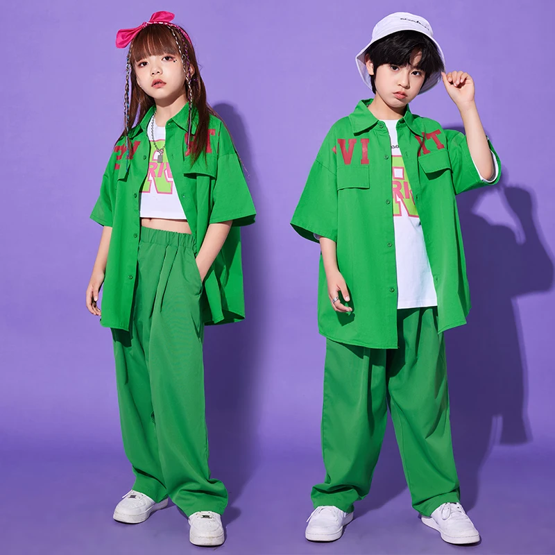 

Teenage Children Hip Hop Dance Costume Kids Green Suit Boys Shirt Pants Short Sleeves Jazz Performance Clothes Kpop Stage Wear