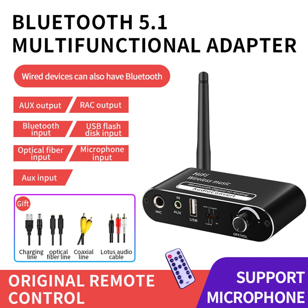 

Audio Decoder Fiber Coaxial Digital-to-Analog Converter AUX+RAC Interface Bluetooth-Compatible 5.1 Receiver Audio Adapter