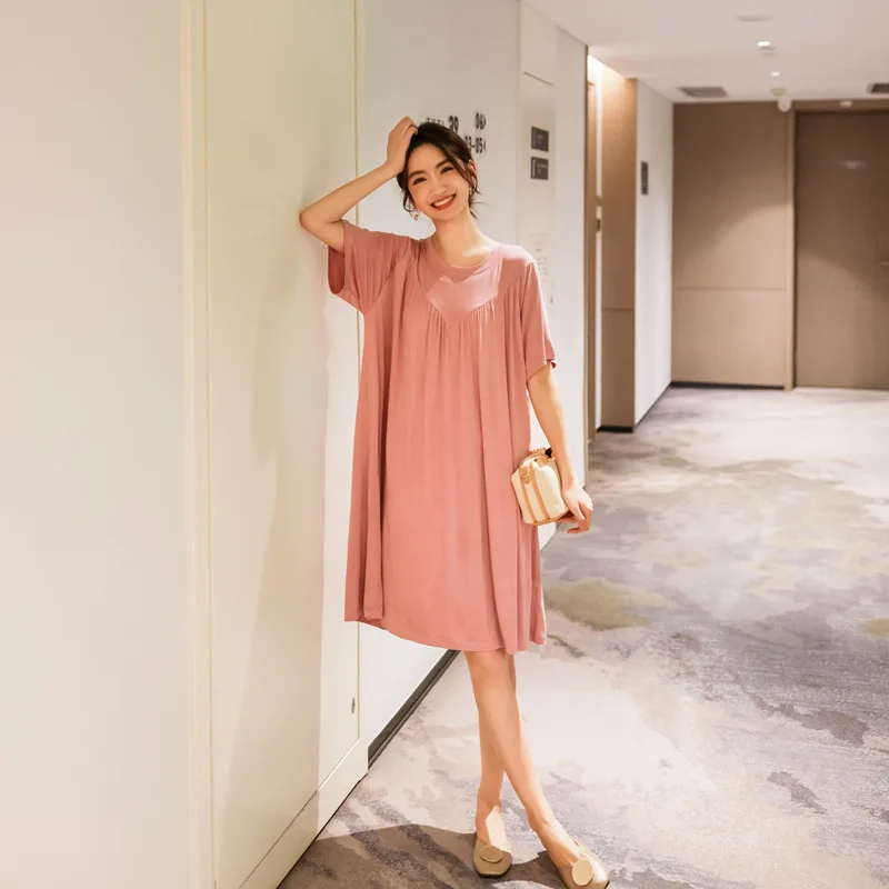 Modal Nightgown Women Summer Pleated Thin O-neck Loose Large Size Casual Short Sleeve Night Dress Home Female Long Dress