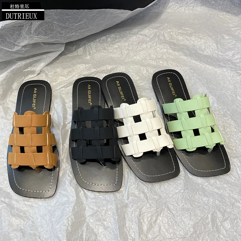 

Weave Ladies Slippers Women Flip Flops Gladiator Flats 2023 Summer New In Outside Casual Luxury Slides Beach Black Female Shoes