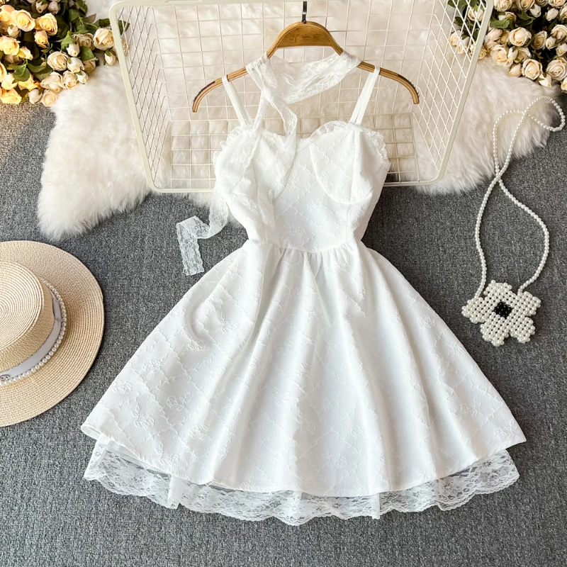 

Women's Slip Dress Sexy A-Line Backless Fairy Sweet Lace Spaghetti Strap Beach Holiday Party Mini Dresses for 18-24 Years Old