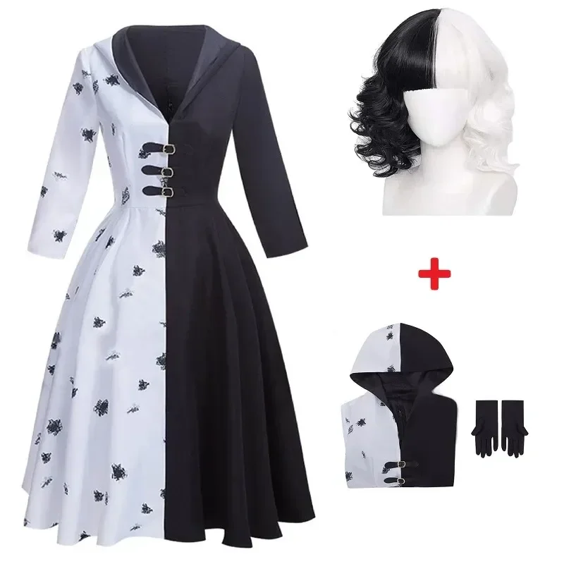 

Cruella De Vil Cosplay Costume 2 Styles Women Gown Black White Maid Dress with Gloves Hoodie Skirt Wigs Outfits Halloween Party