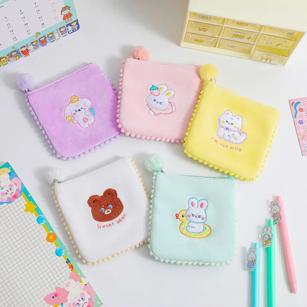 

Bear Girl Student Sanitary Portable Embroidery Aunt Towel Bag Cotton Bag Storage Bag Headset Bag