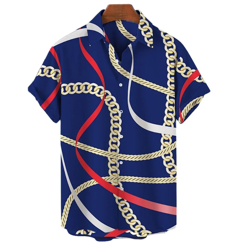 New 3D Gold Chain Print Beach Shirt Men Summer Style Short Sleeve Luxury Clothes Hip Hop Plus Size 5XL New