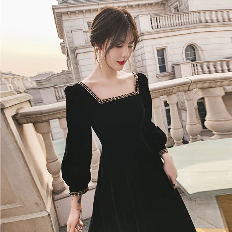

French Retro Black Mid-Length Prom Gowns Vintage Square Collar Full Sleeve Elegant Slim Women Dress Fashion Evening Party Gowns