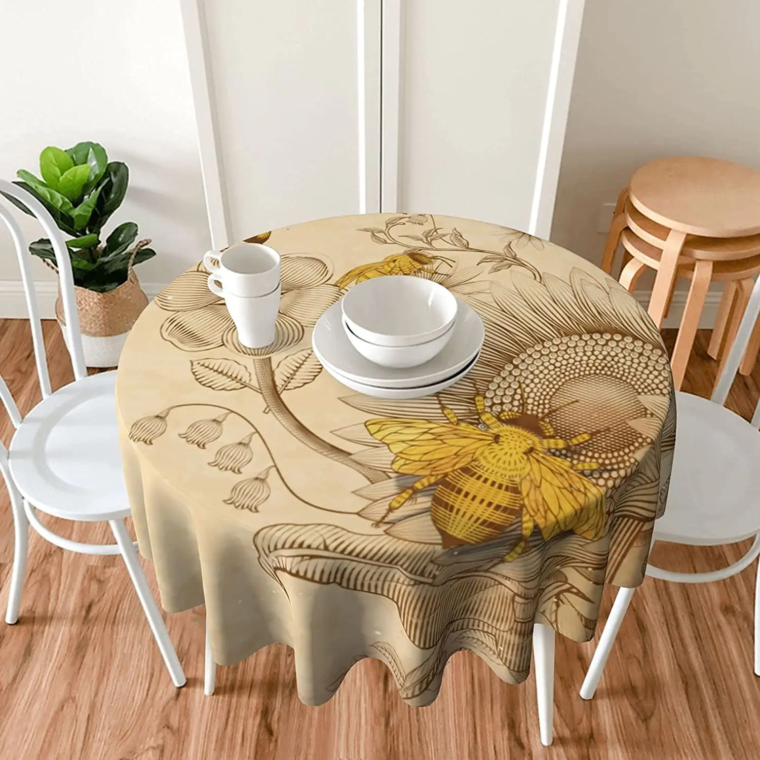 Винтажное покрывало для стола Bee Sunflower круглое, стираемое покрытие для кухни, обеденного пикника, внутреннего и наружного применения, маты 60 дюймов.