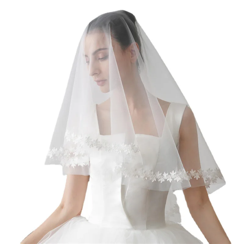 

90cm Short Lace Wedding Veil 2023 One Layer Fingertip Bridal Veil Muslim Fascinator Women Blusher Bride Veil Party Accessory