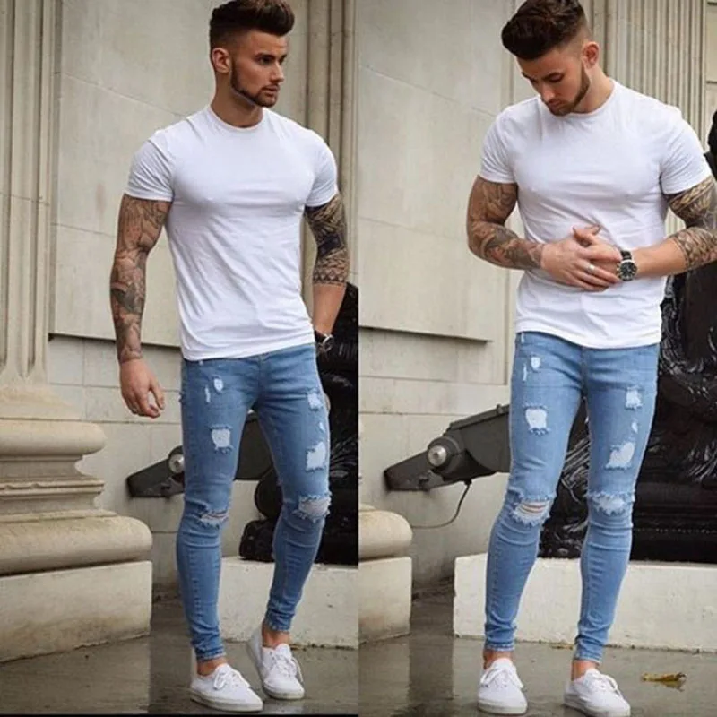 High Quality New White Frayed Small Feet Slim Jeans European And American Men's Skinny Jeans