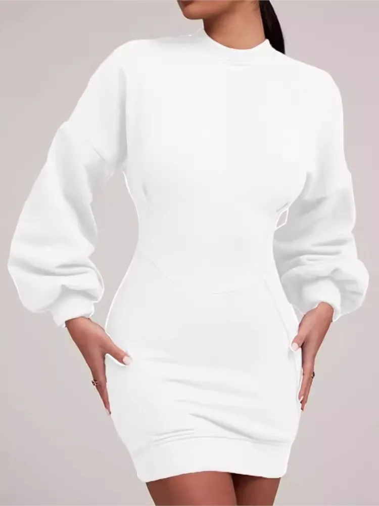 Женское облегающее платье-свитшот с рукавами-фонариками и круглым вырезом