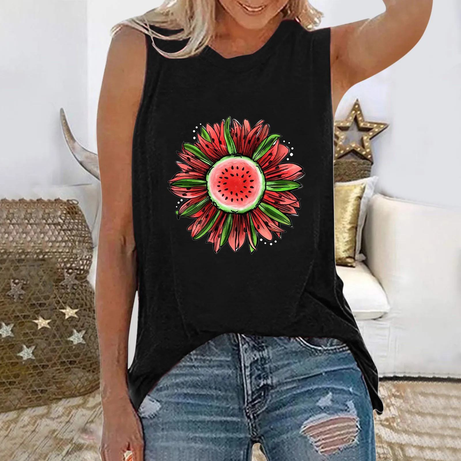 

Sleeveless Tops Women Sunflower Letters Printed Tee Shirt Tunic Blouse Casual Tank Top Women Haut Femme Корсет Женский