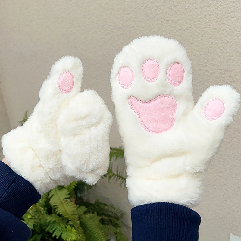 

Winter Plush Cat Paw Gloves Women Fashion Girls Cat Bear Claw Kawaii Mittens Warm Soft Fur Fingerless Full Finger Winter Gloves