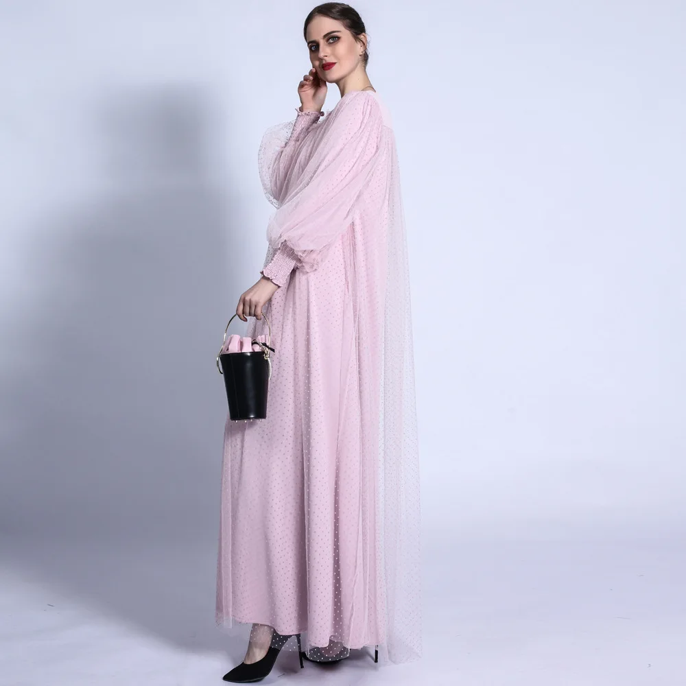Arabic Abaya Dress Turkish Kaftan 2022 Wave Dot Mesh Lantern Sleeve Lace Up Muslims Women Islamic Clothing Prom Dresses Vestidos