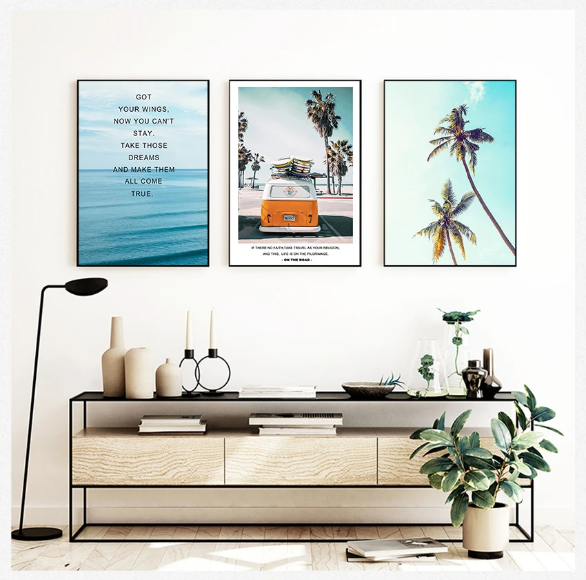 

Вдохновляющая Картина на холсте, картина для гостиной, украшение для дома, современный пейзаж, Тропическое море, пальма, автобус, настенное искусство