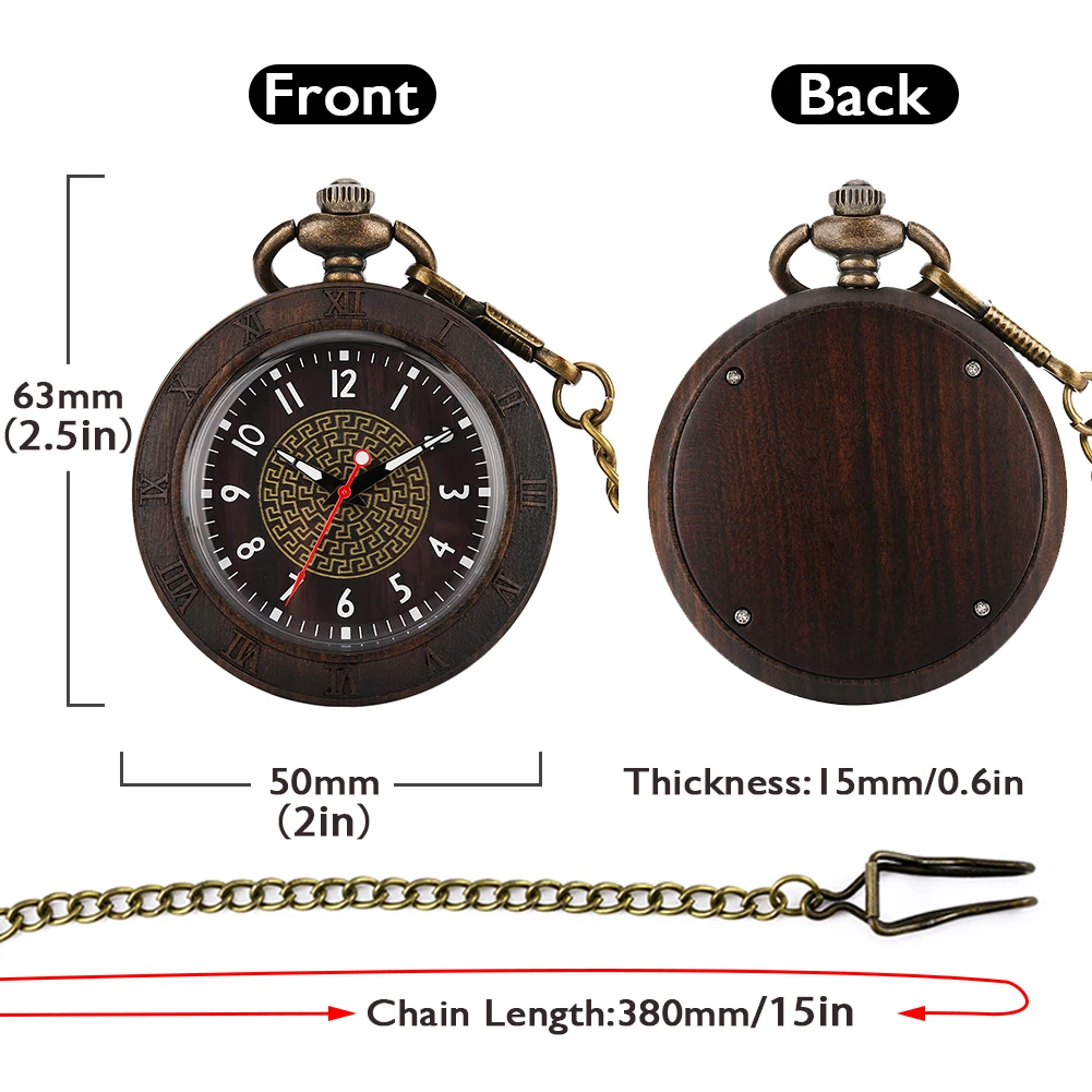 Pocket Watch for Men Luxury Ebony Wood Quartz Pocket Watch Pendant Transparent Arabic Numerals Dial Gift for Women Relógio