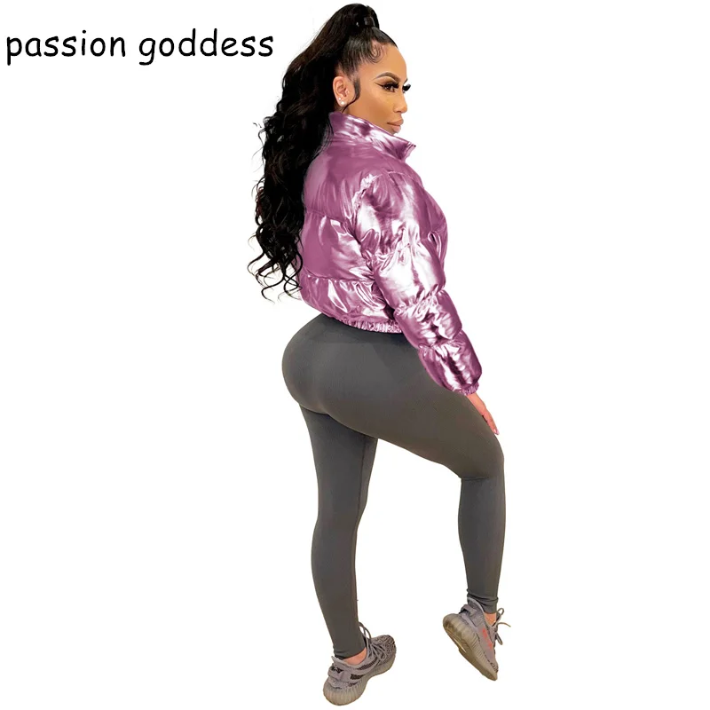 New 2022 Fashion Streetwear Winter Women Padded Crop Jackets Parkas Stand Collar Zipper Bright Puffer Jacket Warm Coats Ladies