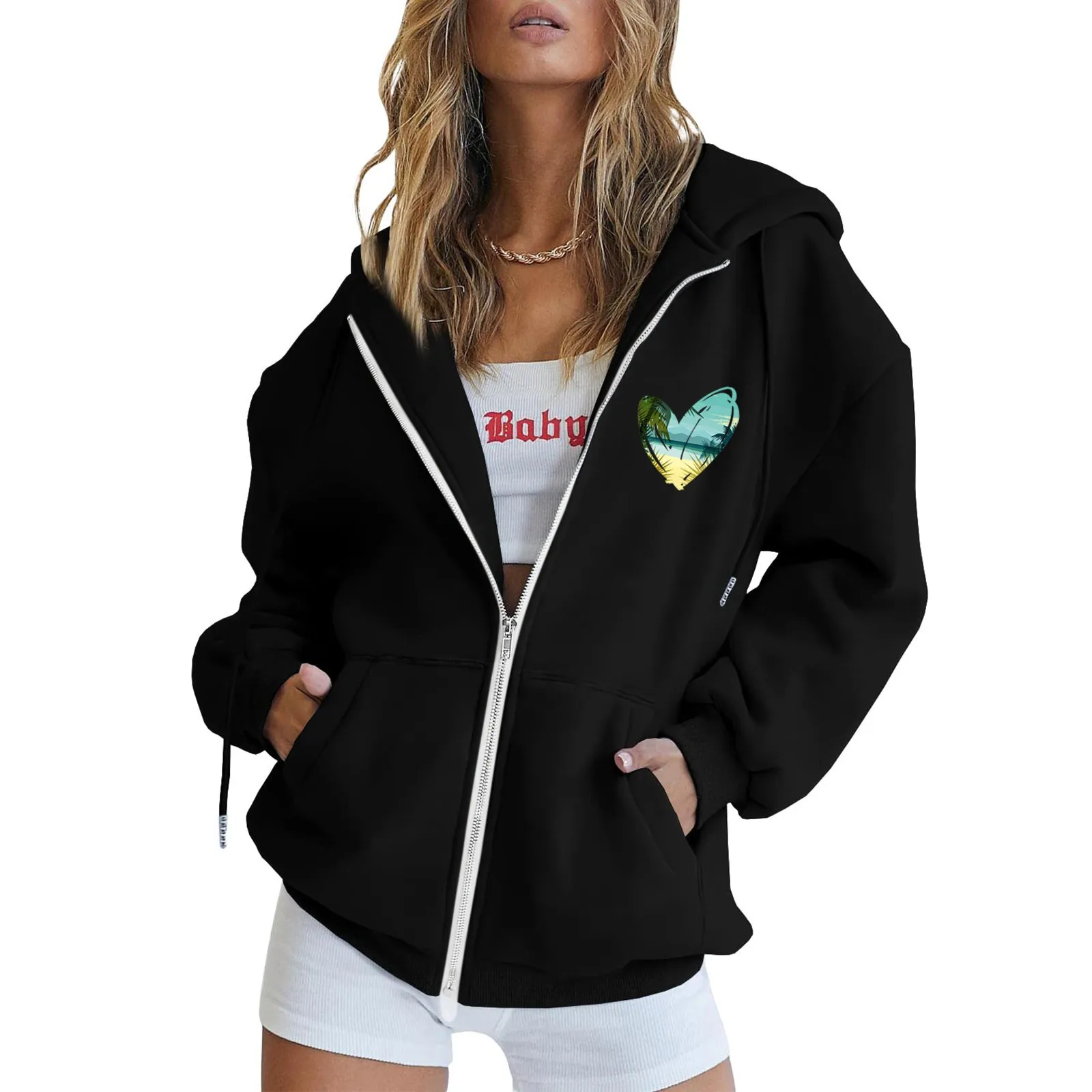 

Womens Casual Print Long Sleeve Zipper Hooded Coat Pocket Sweatshirt Tops Women Hoodies Jackets Women Zip Sweatshirt Hoodie