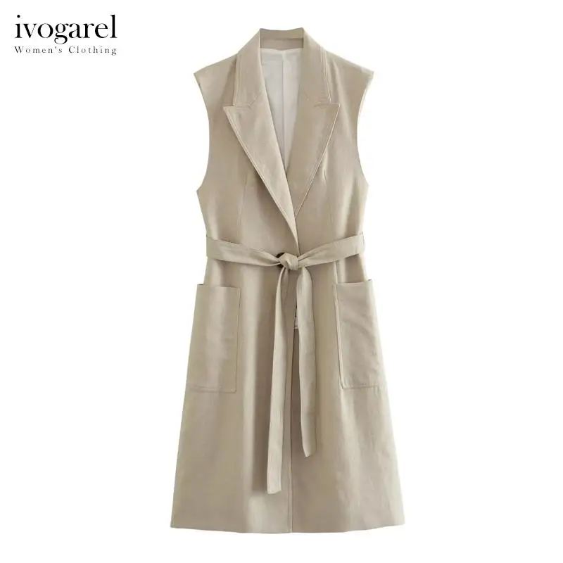 

Ivogarel Linen Blend Sleeveless Long Waistcoat Traf Women's Y2k Summer Vest with Lapel Collar and Front Patch Pockets