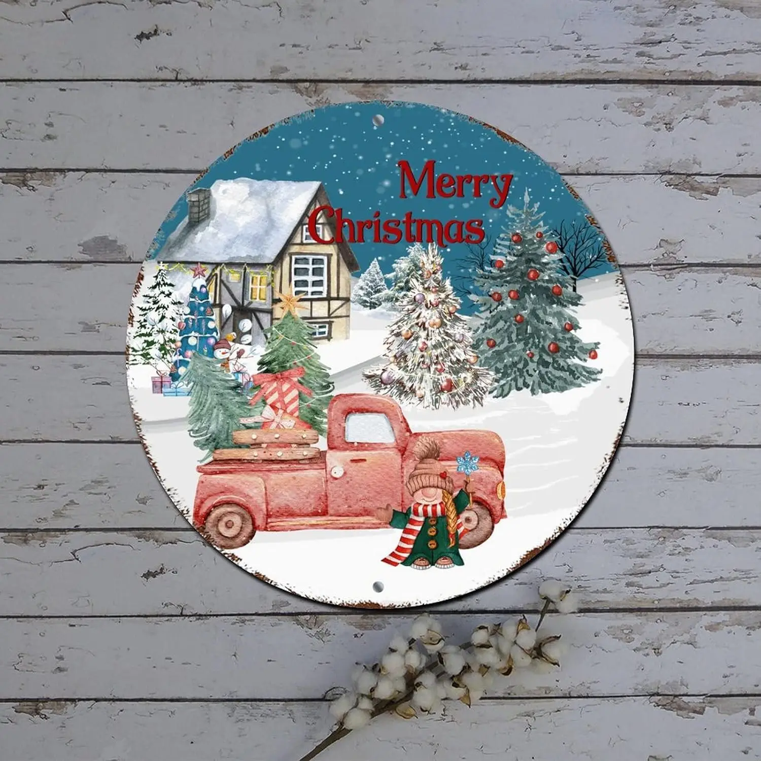 Веселая Рождественская вывеска Санта-Снежный дом Гном Грузовик Круглая