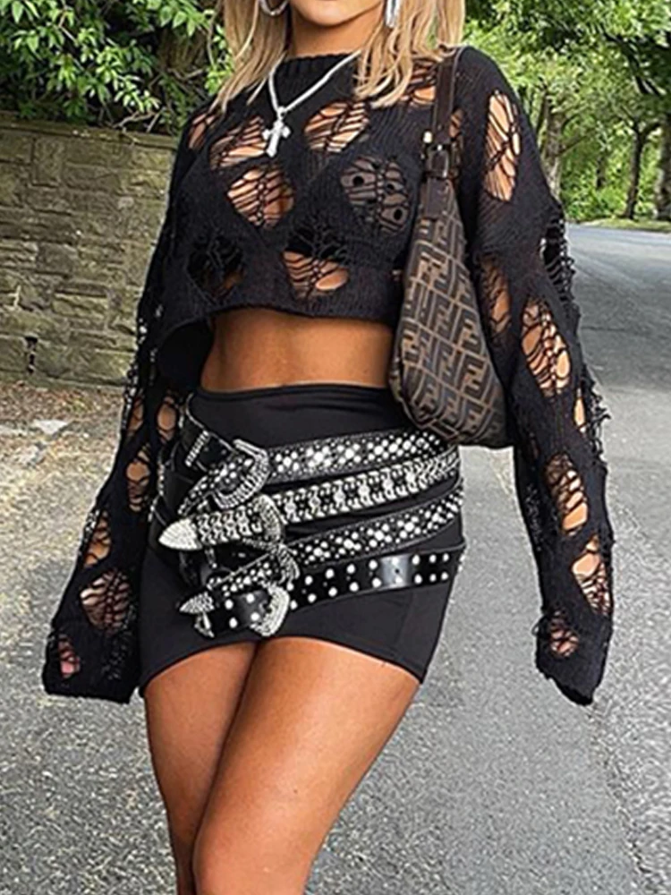 HEYounGIRL рваные сексуальные черные укороченные топы с вырезами свободная уличная