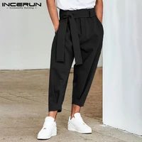 men pants solid color joggers 2022 baggy lace up fashion casual trousers men streetwear leisure pantalon with belt 5xl incerun 7