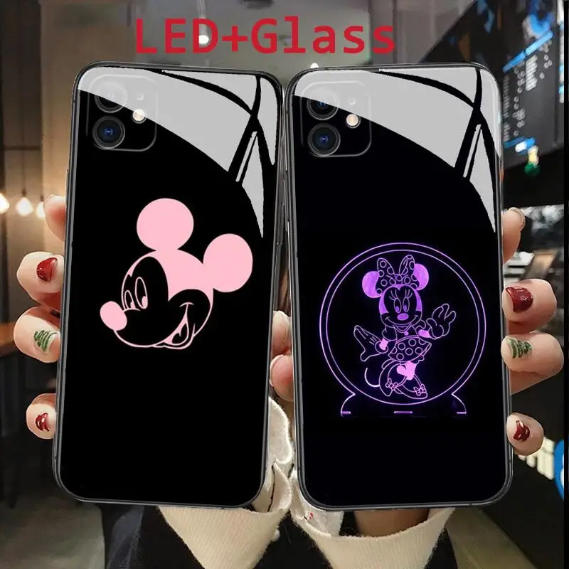 

Luxury kawaii Mickey Glass phone Case shell For IPhone 13 12 11 Pro Max XR X Max 8Plus 7plus LED Luminous Call Light Flash cover