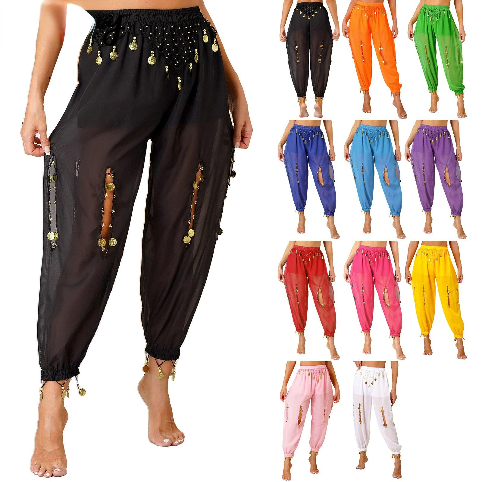 

Womens Hollow Out Beads Coins Pendant Belly Dance Pants Semi See-Though Chiffon Bloomers Stage Performance Trousers