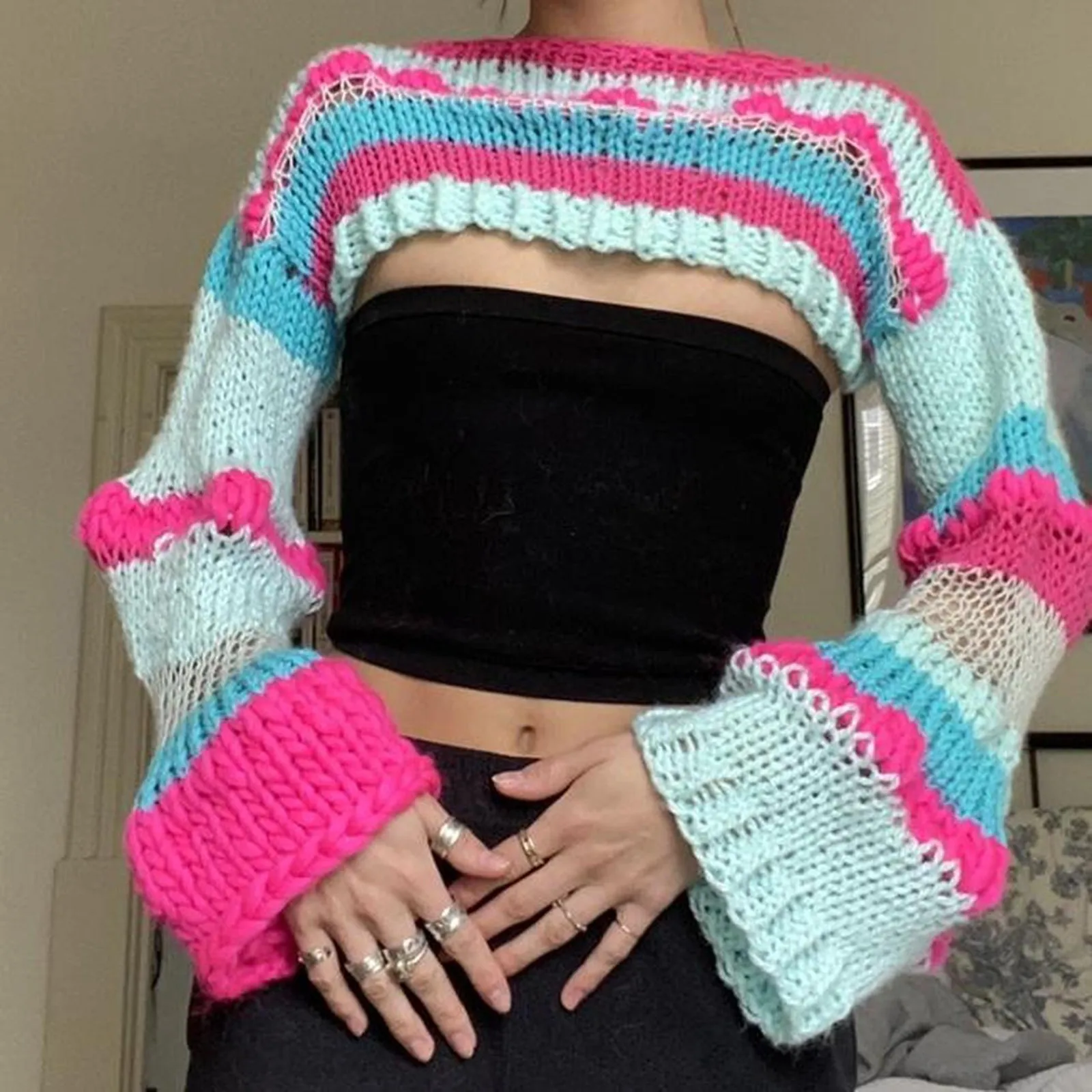 

Women Fashion Knitted Sweater Stripe Contrast Color Long Sleeve Crop Tops Spring Casual Wild Pullovers