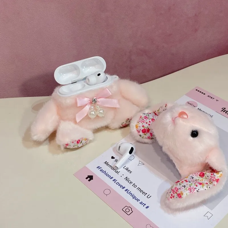 Милый 3D-чехол в виде пушистого кролика для Airpods 4 3 2 1 Pro 2 Pro 3, мягкий плюшевый чехол с цветочными ушками и жемчужным бантом, ударопрочный, кавайный подарок (art.: 3920db6342172) - 3920db6342172