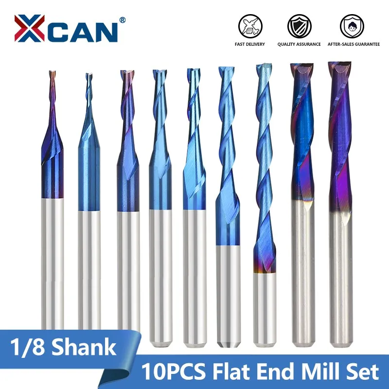 

XCAN 10pcs Flat End Mill Set 1/8(3.175mm) Shank CNC Spiral Router Bit 2 Flute Carbide Milling Cutter for Woodworking