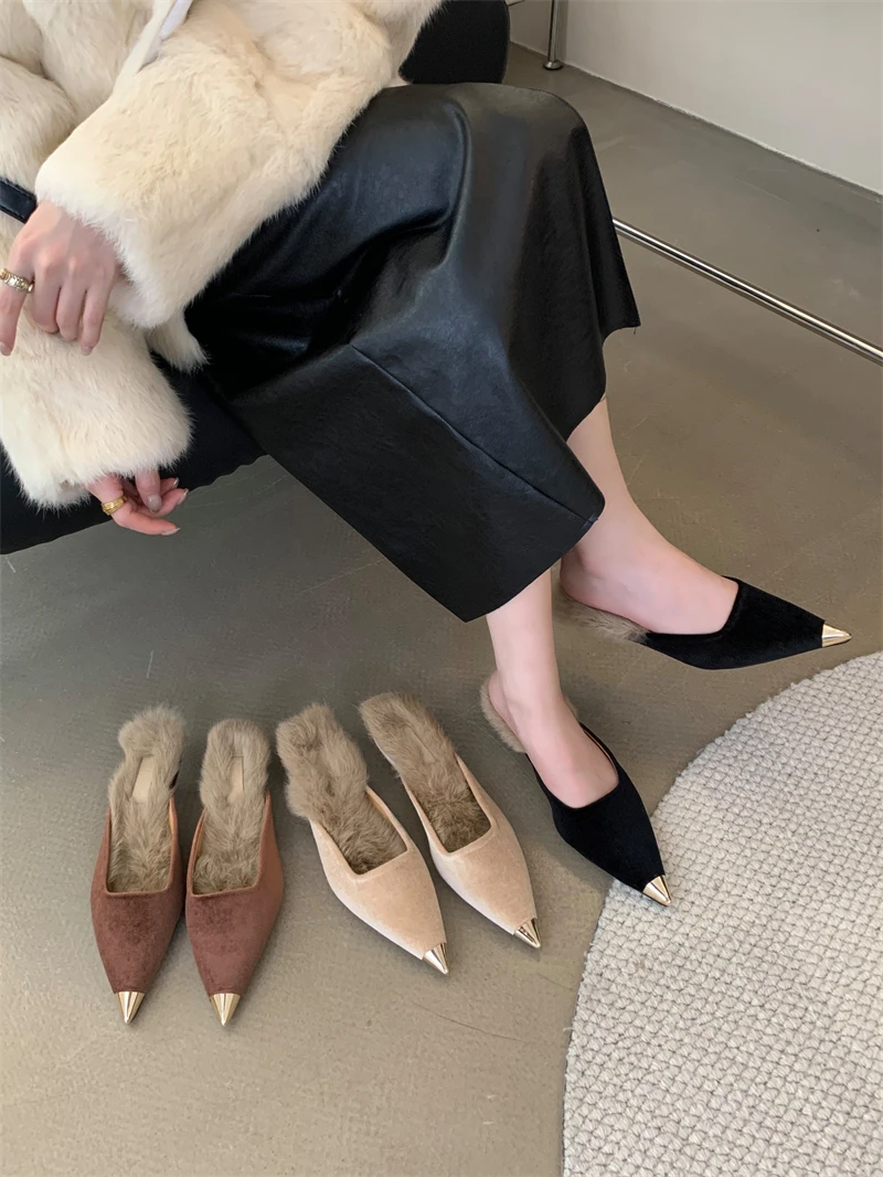 

Shoes Woman 2023 Plush Slippers For Adults Low Thin Heels Med Rivet Cross-Tied Pointed Toe Pantofle Fur New Narrow Band Autumn M