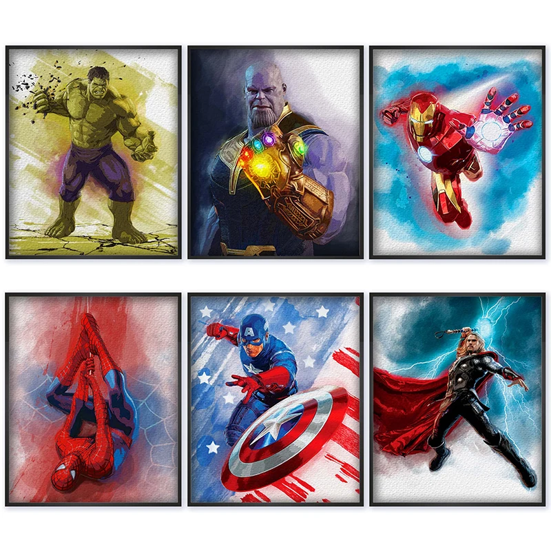 

Watercolor Marvel Avengers Canvas Painting Spider-man Capatain America Hulk Wall Art Posters and Prints for Kids Room Decor Gift